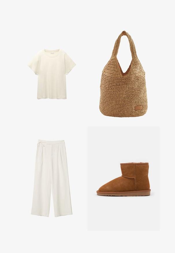 Helles beige T-Shirt mit kurzen Ärmeln und Rundhalsausschnitt, aus weichem, glattem Stoff gefertigt. Verfügt über eine lockere Passform und einen geraden Saum.; Weite Hosen aus elfenbeinfarbenem Stoff mit glatter Textur. Verfügt über einen gebundenen Bund und einen gefalteten Vorderteil, konzipiert für eine entspannte Passform.; Braunes Wildleder Stiefeletten mit runder Zehenpartie und weicher Innenausstattung, ausgestattet mit einer flachen Gummisohle und minimalen Nähdetails.; Wickeltasche aus geflochtenem Stroh in schlanker Form, hellbraune Farbe, V-förmige Öffnung und mit einem Lederakzentlabel am Boden. Weiche Textur.