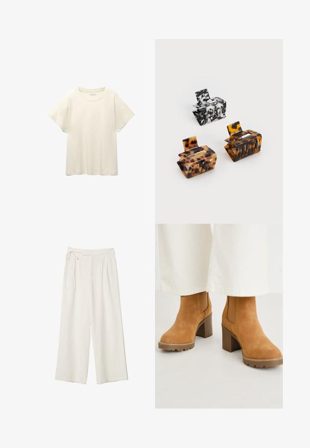 Svetlo bež kratkosleeven majica s okroglim ovratnikom, izdelana iz mehke, gladke tkanine. Ima sproščen kroj in raven rob.; Široke hlače iz off-white tkanine z gladko teksturo. Imajo zavezan pas in nagubano sprednjo stran, zasnovane za sproščen fit.; Peščene antilop škornje do gležnjev s masivnim blok peto, ki vključujejo elastične stranske panele in trden podplat za oprijem. Teksturovan zgornji del s podrobnostmi šivanja.; Tri do konice za lase: ena marmorirana v črni in beli barvi, dve iz školjkastega v rjavih in črnih odtenkih, vse narejeno iz sijoče plastike z teksturiranim zaključkom.