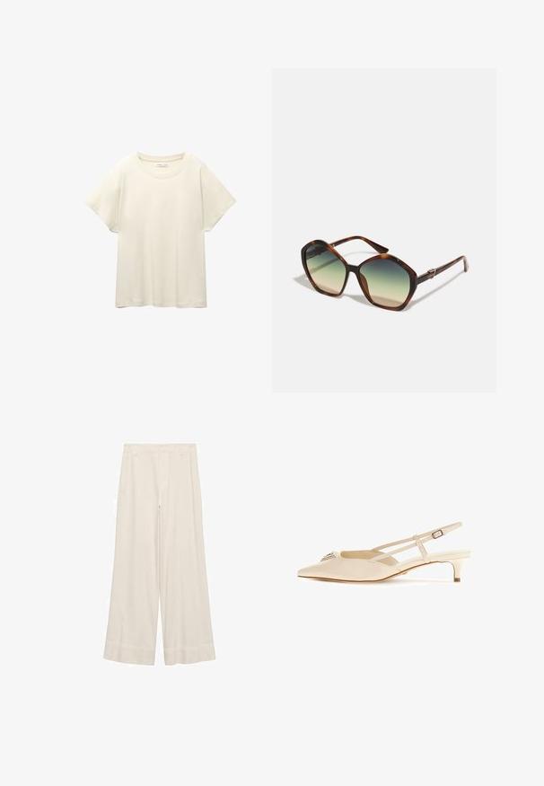Maglietta a maniche corte beige chiaro con scollatura rotonda, realizzata in un tessuto morbido e liscio. Presenta una vestibilità comoda e un orlo dritto.; Pantaloni a gamba larga in tessuto crema, con una texture liscia, vita sartoriale e cuciture pulite. Davanti piatto con orli cuciti due volte.; Scarpa slingback beige con punta affusolata e tacco basso, caratterizzata da una finitura lucida in vernice e due cinturini regolabili sulla parte superiore del piede.; Occhiali da sole tartarugati marroni con una montatura ampia e angolare e lenti a gradiente che passano da scure a chiare, con dettagli metallici.