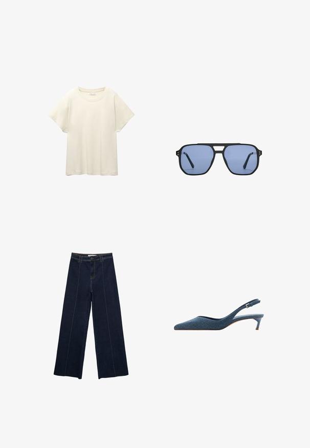 Maglietta a maniche corte beige chiaro con scollatura rotonda, realizzata in un tessuto morbido e liscio. Presenta una vestibilità comoda e un orlo dritto.; Pantaloni in denim scuro a gamba larga con cuciture a contrasto, vita alta e taglio dritto. Presentano tasche anteriori e una chiusura classica con bottone.; Décolleté in denim con punta affusolata e tacco basso e sottile. Presenta un tessuto testurizzato in blu scuro e un design elegante e snello.; Stradivarius RETRO - Occhiali da sole - light blue