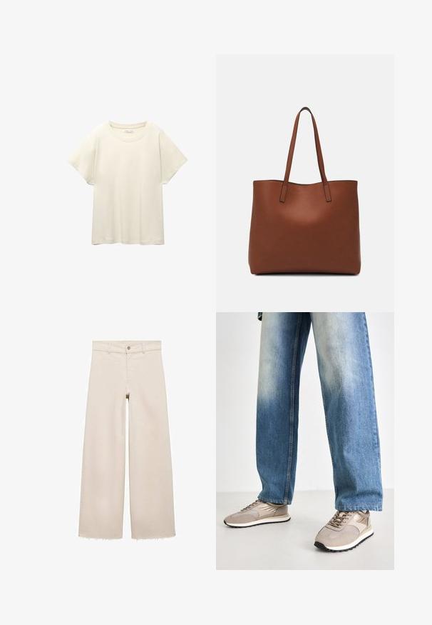 Tricou scurt de culoare bej deschis, cu mâneci scurte și decolteu rotund, realizat dintr-un material moale și neted. Are o croială lejeră și un tiv drept.; Jeans bej cu picioare largi și talie înaltă, cu închidere cu buton, buzunare frontale și tiv desfăcut. Fabricate din material denim.; Pantofi sport bej cu panouri din plasă și piele, având o talpă neagră și un design cu șireturi, asortați cu blugi deschiși la culoare, cu croială lejeră.; Geantă de umăr din piele maro cu o textură netedă, design cu vârf deschis și două curele pentru umăr. Prezintă cusături minime și fără componente metalice vizibile.