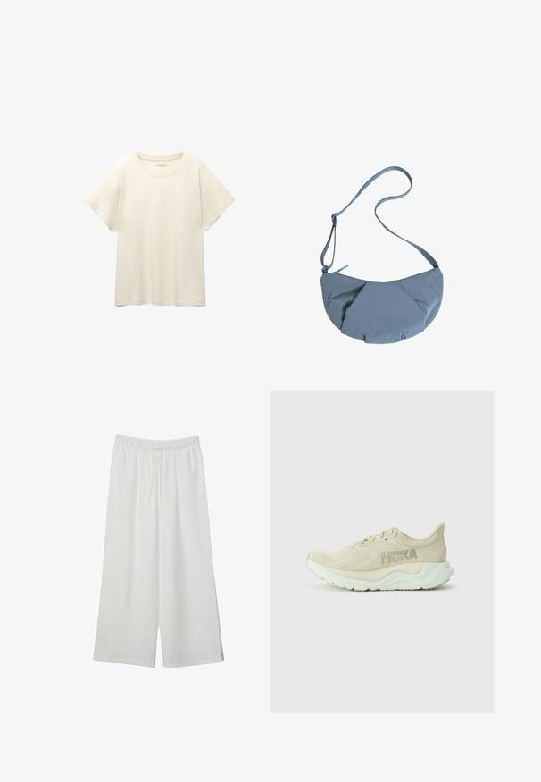 Svetlo bež kratkosleeven majica s okroglim ovratnikom, izdelana iz mehke, gladke tkanine. Ima sproščen kroj in raven rob.; Bele široke hlače iz lahkega materiala, ki imajo elastičen pas in vrvico za prilagajanje. Gladka tekstura.; Svetlo bež tekaška obutev z teksturiranim mrežastim zgornjim delom, oblazinjenim podplatom in mint zelenim podplatom. Na strani ima Hoka oznako.; Siva tkanina torba preko ramena z zaobljeno obliko, ki ima zbrano sprednjo zasnovo in tanek nastavljiv trak. Zadrga na vrhu.