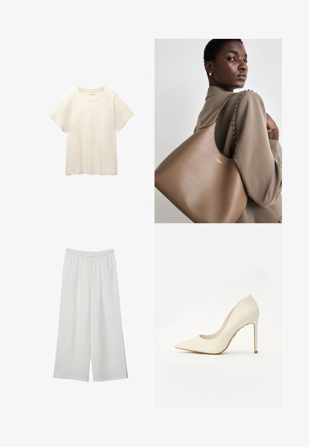 Helles beige T-Shirt mit kurzen Ärmeln und Rundhalsausschnitt, aus weichem, glattem Stoff gefertigt. Verfügt über eine lockere Passform und einen geraden Saum.; Weiße, weit geschnittene Hosen aus leichtem Stoff, mit einem elastischen Bund und einem Zugband für eine verstellbare Passform. Glatte Textur.; Weiße High Heels mit spitzer Zehenpartie, glattem Ledertextur und schlankem Stiletto-Absatz. Minimalistisches Design mit dezenten Akzenten.; Braune Lederhandtasche mit glatter Textur, die eine geschwungene Silhouette und ein metallisches Logo aufweist. Der Riemen hat dekorative Nieten entlang der Naht.