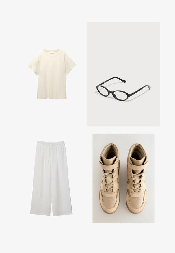 Vaaleanbeige lyhythihainen t-paita, jossa on pyöreä kaula-aukko, valmistettu pehmeästä ja sileästä kankaasta. Ominaisuuksina rento mitta ja suora helma.; Valkoiset leveälahkeiset housut, jotka on valmistettu kevyestä kankaasta. Niissä on joustava vyötärö ja nauha säädettävää istuvuutta varten. Sileä pinta.; Beiget korkeavartiset tennarit, joissa on teksturoitu mokka- ja nahkapinta. Kenkien ominaisuuksiin kuuluvat nauhakiinnitys, tarranauha ja kumipohja.; Mustat soikeat kehykset, joissa on puoliläpinäkyvät violetit yksityiskohdat linssissä. Kehykset ovat mattapintaiset ja hoikalla, suoralinjaisella varrella.; Ruskea tekosuoletotepussi, jossa on kaksi tukevampaa kahvaa, jämäkkä muoto ja minimalistinen muotoilu, joka sisältää hienovaraisia ompeluakselointeja.