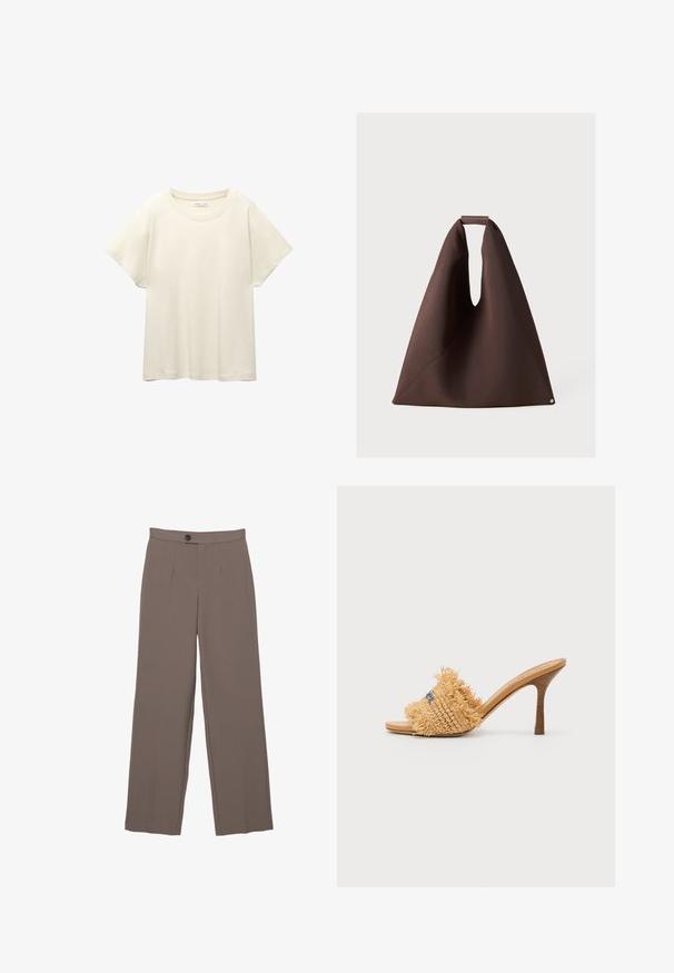 Világos bézs, rövid ujjú póló, kerek nyakkivágással, puha, sima anyagból készült. Lazán illeszkedő szabással és egyenes szegéllyel rendelkezik.; Barna, széles szárú nadrág sima felülettel, elöl redőkkel, gombos záródású és testre szabott kialakítással.; Bőrszövésű, magas sarkú szandál világosbarna színben, rojtos díszítéssel és kék akcentussal, kerek, nyitott orral és kúpos stiletto sarkal.; Barna szövet bevásárlótáska egyedi formával, széles nyílással, textúrált felülettel és kis kör alakú díszítéssel az alján.
