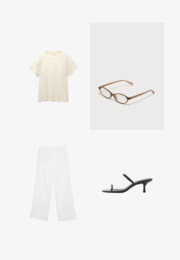 Vaaleanbeige lyhythihainen t-paita, jossa on pyöreä kaula-aukko, valmistettu pehmeästä ja sileästä kankaasta. Ominaisuuksina rento mitta ja suora helma.; Valkoiset leveälahkeiset housut, joissa on sileä rakenne, etutaskut ja klassinen vyötärö vyölenkeillä.; Mustat korkokengät, joissa on sleek-muotoilu, ohuet nauhat ja ainutlaatuinen etuaccentti. Sujuva pinta, kärki on terävä ja korkeus on 3 tuumaa.; Ruskeat kilpikonnaruutulasiset silmälasit, joissa ovaalit linssit, ohuet varret ja läpinäkyvät yksityiskohdat. Temppeleissä on huomaamaton logo. Suunnittelultaan suora ja kevyt.