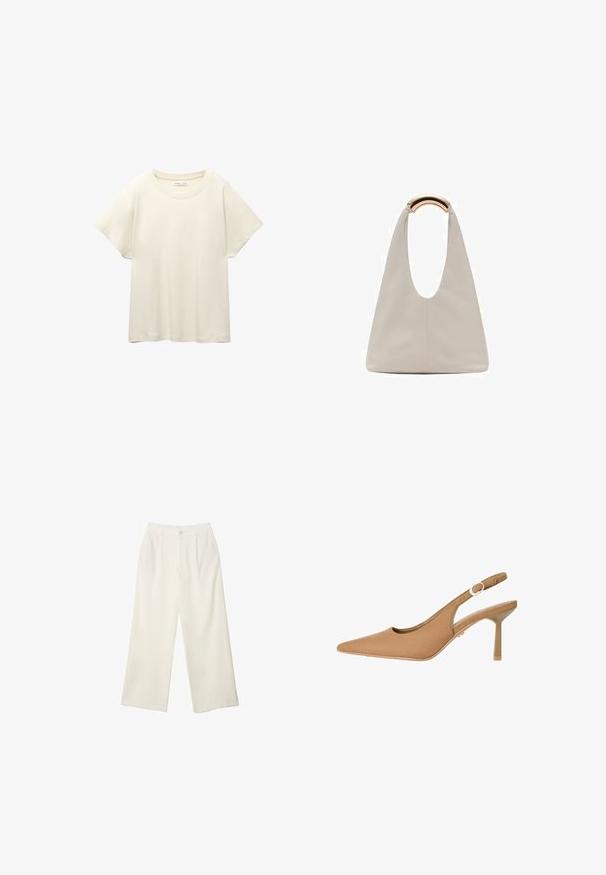 Svijetlo bež majica kratkih rukava s okruglim izrezom, izrađena od meke, glatke tkanine. Karakterizira je opušteni kroj i ravni rub.; Hlače širokih nogavica od kremaste tkanine s glatkom teksturom, s jednim prednjim gumbom, suptilnim plitvicama i visokim strukom.; Smeđe slingback petice s izduženim nosom, glatke teksture, podesivim remenom i tankim potpeticama. Minimalistički dizajn s suptilnim zlatnim detaljima.; Svijetlosivi kožni torba s oblikom u slovo U i zakrivljenim metalnim drškom. Glatka tekstura s minimalnim šavovima i bez vidljivih uzoraka.