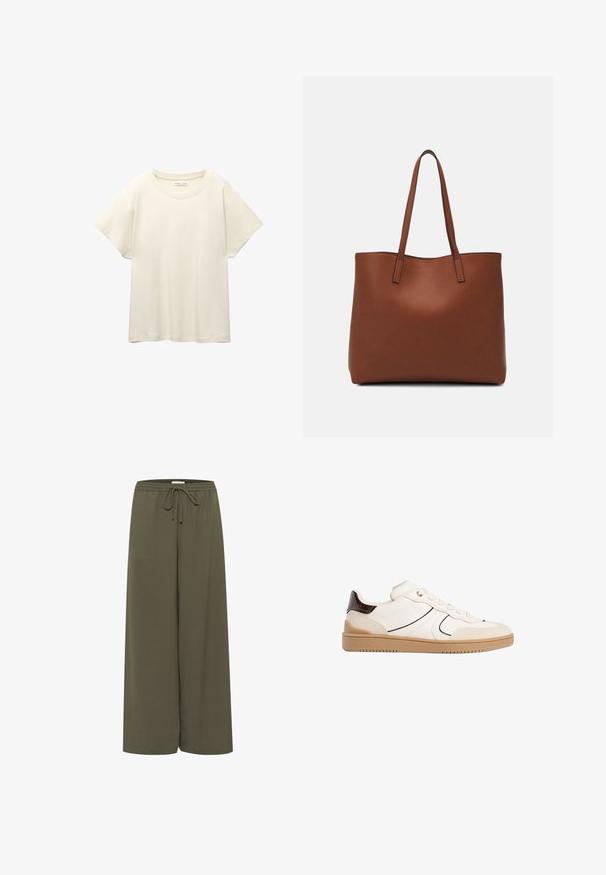 Lichtbeige t-shirt met korte mouwen en een ronde halslijn, gemaakt van zachte, gladde stof. Heeft een ontspannen pasvorm en een rechte zoom.; Olijfgroene wijde broek met een zachte textuur, elastische tailleband, verstelbaar koord en zonder zichtbare patronen of accenten.; Stradivarius Sneakers laag - white; Bruine leren tote bag met een gladde textuur, een ontwerp met een open bovenkant en twee schouderbanden. Kenmerkt zich door minimale stiksels en geen zichtbare hardware.