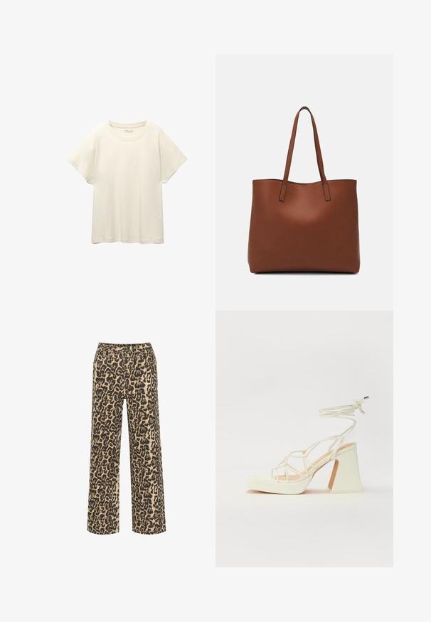 Világos bézs, rövid ujjú póló, kerek nyakkivágással, puha, sima anyagból készült. Lazán illeszkedő szabással és egyenes szegéllyel rendelkezik.; Beige és fekete leopárdmintás, bő szárú nadrág gombos záródással és több zsebbé, texturált anyagból készült.; Fehér, magassarkú szandál vastag sarokkal, pántos dizájnnal és bokapánttal. Sima textúra, elülső platformmal a megnövelt magasság érdekében.; Barna bőr vászontáska sima textúrával, nyitott tetejű dizájnnal és két vállpánttal. Minimális varrással és látható hardver nélkül készült.