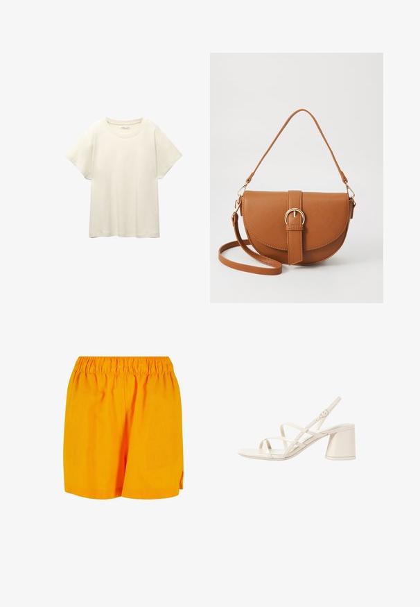 Helles beige T-Shirt mit kurzen Ärmeln und Rundhalsausschnitt, aus weichem, glattem Stoff gefertigt. Verfügt über eine lockere Passform und einen geraden Saum.; Orange Baumwollshorts mit elastischem Bund, im lässigen Schnitt und einem einfachen, schlichten Design.; Beige High Heels Sandalen mit schlanken, überkreuzten Riemen, offener Zehenpartie und einem quadratischen Blockabsatz. Glänzende Lack-Oberfläche, verstellbarer Knöchelriemen.; Braune Leder-Crossbody-Tasche mit geschwungener Form, goldfarbenen Beschlägen und einer Schnallenakzentuierung. Verfügt über einen abnehmbaren Schultergurt.