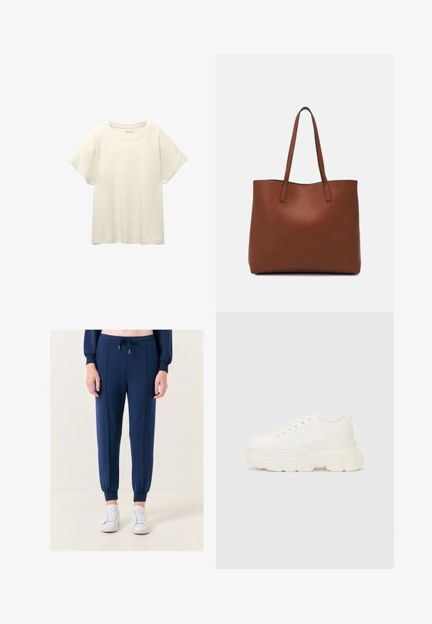 Lichtbeige t-shirt met korte mouwen en een ronde halslijn, gemaakt van zachte, gladde stof. Heeft een ontspannen pasvorm en een rechte zoom.; Jimmy Key HIGH WAIST JOGGER - Trainingsbroek - dark blue; Witte canvas sneaker met een stevige zool, ronde neus en vijf gaatjes voor veters. Achterste tab voor gemakkelijk aan- en uittrekken. Vloeibare textuur, minimalistisch ontwerp.; Bruine leren tote bag met een gladde textuur, een ontwerp met een open bovenkant en twee schouderbanden. Kenmerkt zich door minimale stiksels en geen zichtbare hardware.