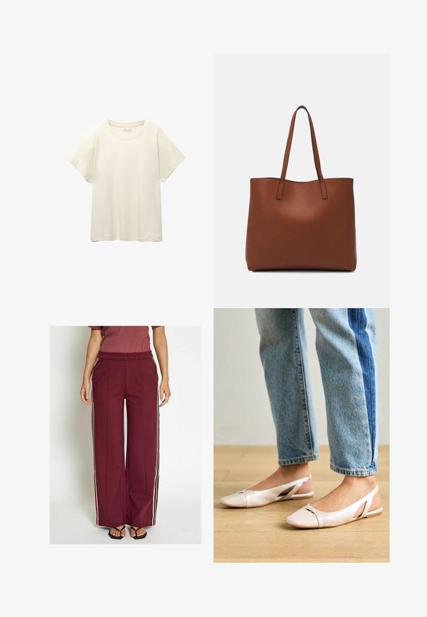 Lichtbeige t-shirt met korte mouwen en een ronde halslijn, gemaakt van zachte, gladde stof. Heeft een ontspannen pasvorm en een rechte zoom.; Bordeaux brede broek met zijkanten in crème en marineblauw, voorzien van een aansluitende tailleband en een gladde stofstructuur.; Zachtroze slingback ballerina's met een spitse neus, gemaakt van een glad leerachtig materiaal. Bevat uitsnijdingen aan de zijkanten en heeft een platte hak.; Bruine leren tote bag met een gladde textuur, een ontwerp met een open bovenkant en twee schouderbanden. Kenmerkt zich door minimale stiksels en geen zichtbare hardware.