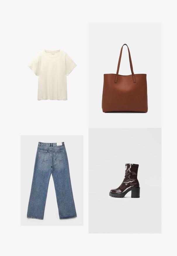 Vaaleanbeige lyhythihainen t-paita, jossa on pyöreä kaula-aukko, valmistettu pehmeästä ja sileästä kankaasta. Ominaisuuksina rento mitta ja suora helma.; Vaalean siniset farkut, joissa on löysä ja leveä malli. Kaksi takataskua, haalistunut pinta ja vyötärönauhan etiketti takana.; Satea bordeaux berwarna mengkilap dengan tumit hitam tebal, menampilkan tekstur halus dan desain sederhana. Tanpa pengikat atau pola yang terlihat.; Ruskea nahkainen olkalaukku, jossa on sileä pinta, avoin yläosa ja kaksi olkahihnaa. Omaavat vain minimaalisen ompelun eikä näkyvää metalliosaa.