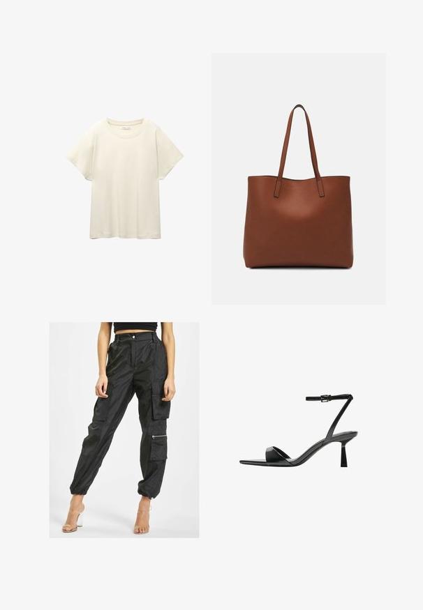 Svetlo bež kratkosleeven majica s okroglim ovratnikom, izdelana iz mehke, gladke tkanine. Ima sproščen kroj in raven rob.; Črne cargo hlače iz lahke tkanine imajo več žepov, elastične manšete in stranski žep na zadrgo za dodatno funkcionalnost.; Bershka Sandali z visoko peto - black; Rjava usnjena torba z gladko teksturo, odprto zasnovo zgoraj in dvema naramnima trakovoma. Opremljena je z minimalnim šivanjem in brez vidnih kovinskih delov.