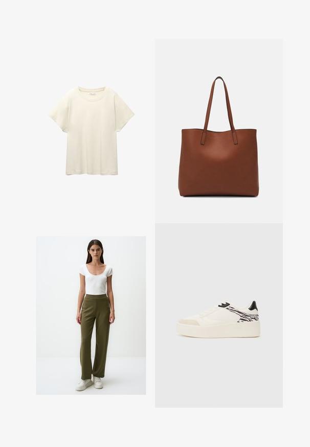 Lichtbeige t-shirt met korte mouwen en een ronde halslijn, gemaakt van zachte, gladde stof. Heeft een ontspannen pasvorm en een rechte zoom.; Witte geribbelde top met korte mouwen gecombineerd met olijfgroene wijde broek; model draagt witte sneakers en staat tegen een effen achtergrond.; Even&Odd Sneakers laag - white/black; Bruine leren tote bag met een gladde textuur, een ontwerp met een open bovenkant en twee schouderbanden. Kenmerkt zich door minimale stiksels en geen zichtbare hardware.