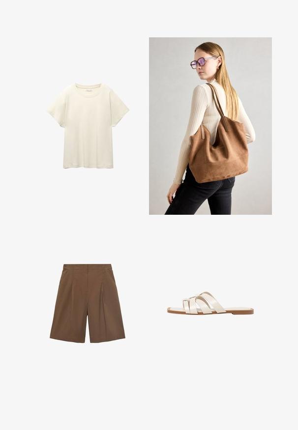 Vaaleanbeige lyhythihainen t-paita, jossa on pyöreä kaula-aukko, valmistettu pehmeästä ja sileästä kankaasta. Ominaisuuksina rento mitta ja suora helma.; Ruskeissa räätälöidyissä shortseissa on litteä etuosa, poimutukset ja sivutaskut. Ne on valmistettu kevyestä kankaasta, mikä tarjoaa rentoa istuvuutta ja viimeisteltyjä reunoja.; Tason vaaleanruskealla kumipohjalla, jossa on kolme päällekkäistä valkoista nahkaremmiä ja pieni satiininen rusetti keskellä.; Ruskea nubukkivuoriolaukku, jossa on pehmeä rakenne, tilava avaus ja pitkät hihnat. Ominaisuuksiin kuuluu yksinkertainen muotoilu näkyvine ompeleineen ja ilman metalliosia.