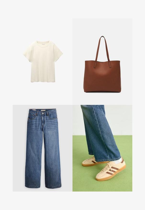 Lichtbeige t-shirt met korte mouwen en een ronde halslijn, gemaakt van zachte, gladde stof. Heeft een ontspannen pasvorm en een rechte zoom.; Wijdwijdige jeans van blauwe denim, met een hoge taille, vijf zakken en contrasterende oranje stiksels. Gladde textuur, geen versieringen.; Beige sneakers met gestructureerde crèmekleurige panelen en bruine strepen, gecombineerd met blauwe denim jeans. De jeans hebben een brede pijp en een rafelige zoom.; Bruine leren tote bag met een gladde textuur, een ontwerp met een open bovenkant en twee schouderbanden. Kenmerkt zich door minimale stiksels en geen zichtbare hardware.