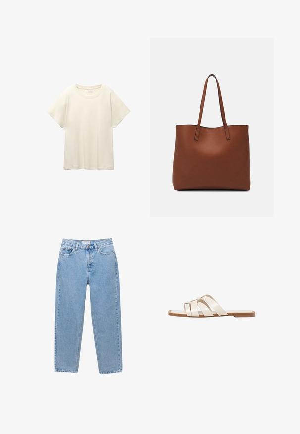 Jasno beżowa, krótko rękawowa koszulka z okrągłym dekoltem, wykonana z miękkiego, gładkiego materiału. Posiada luźny krój i prosty dół.; Jasnoniebieskie dżinsy o prostym kroju, z pięcioma kieszeniami i zapięciem na guzik. Charakteryzują się delikatnym wyblaknięciem i klasycznym wyglądem.; Płaskie sandały z brązową gumową podeszwą, zaprojektowane z trzema nakładającymi się na siebie białymi skórzanymi paskami i małym detalem w postaci kokardy na środku.; Brązowa skórzana torba tote o gładkiej fakturze, z otwartym wierzchem i dwoma ramiączkami. Charakteryzuje się minimalnym przeszyciem i brakiem widocznych elementów metalowych.