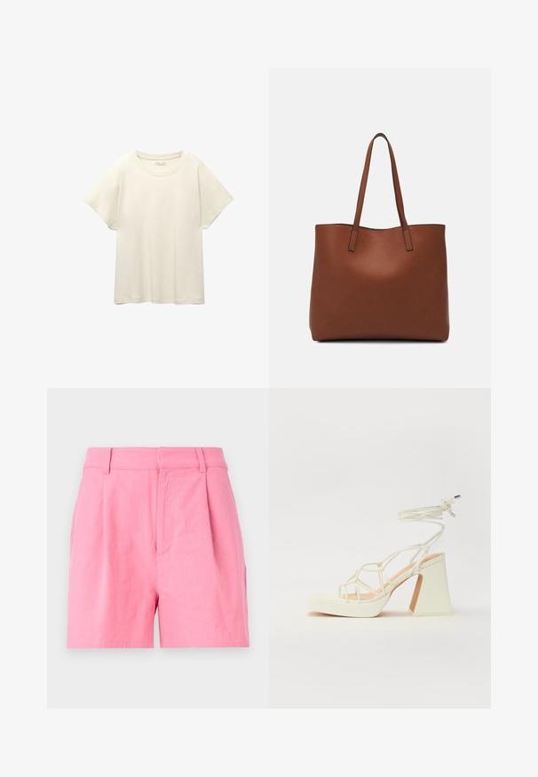 Tricou scurt de culoare bej deschis, cu mâneci scurte și decolteu rotund, realizat dintr-un material moale și neted. Are o croială lejeră și un tiv drept.; Shorts roz din bumbac, cu o textură fină, prezentând pliuri, un tiv și buzunare laterale pentru o funcționalitate suplimentară.; Sandale albe cu toc înalt și gros, cu un design cu curele și legătură la gleznă. Textură netedă, cu o platformă frontală pentru înălțime suplimentară.; Geantă de umăr din piele maro cu o textură netedă, design cu vârf deschis și două curele pentru umăr. Prezintă cusături minime și fără componente metalice vizibile.