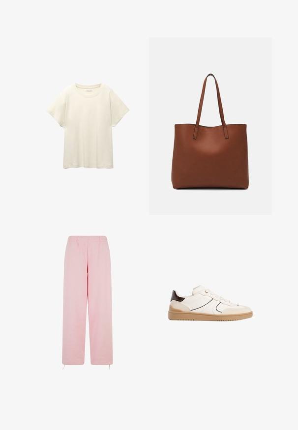 Svetlo bež kratkosleeven majica s okroglim ovratnikom, izdelana iz mehke, gladke tkanine. Ima sproščen kroj in raven rob.; Svetlo roza trenirka iz mehkega materiala, ki ima elastičen pas, naravnost krojen hlačnic in nastavljive vrvice na koncu.; Stradivarius Športni copati - white; Rjava usnjena torba z gladko teksturo, odprto zasnovo zgoraj in dvema naramnima trakovoma. Opremljena je z minimalnim šivanjem in brez vidnih kovinskih delov.