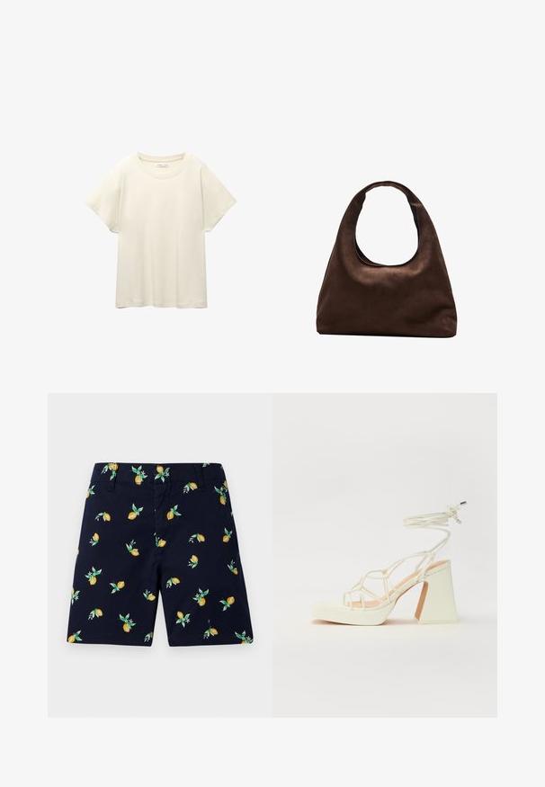 Lys beige kortærmet t-shirt med rund halsudskæring, lavet af blødt, glat stof. Har en afslappet pasform og lige forneden.; Marineblå shorts med et mønster af citroner og blade. Fremstillet af letvægtsstof, med lige pasform og sidelommer.; Hvide højhælede sandaler med en kraftig hæl, der har et stropdesign og ankelbinding. Glat tekstur med en platform foran for ekstra højde.; Blød brun hobo-stil håndtaske med en enkelt bred strop og en buet åbning på toppen, vist på en hvid baggrund.