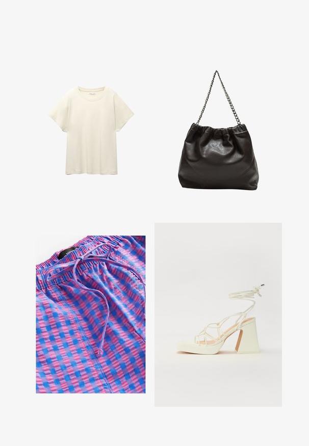 T-shirt beige clair à manches courtes avec un col rond, fabriqué en tissu doux et lisse. Présente une coupe décontractée et un ourlet droit.; Next PULL ON GINGHAM - Pantalon classique - blue pink; Sandale blanche à talons hauts avec un talon épais, présentant un design à lanières et un lien autour de la cheville. Texture lisse avec une plateforme à l'avant pour une hauteur supplémentaire.; Sac en cuir marron avec un haut froncé et une bandoulière en chaîne. Texture lisse avec une finition brillante et des coutures subtiles sur les côtés.
