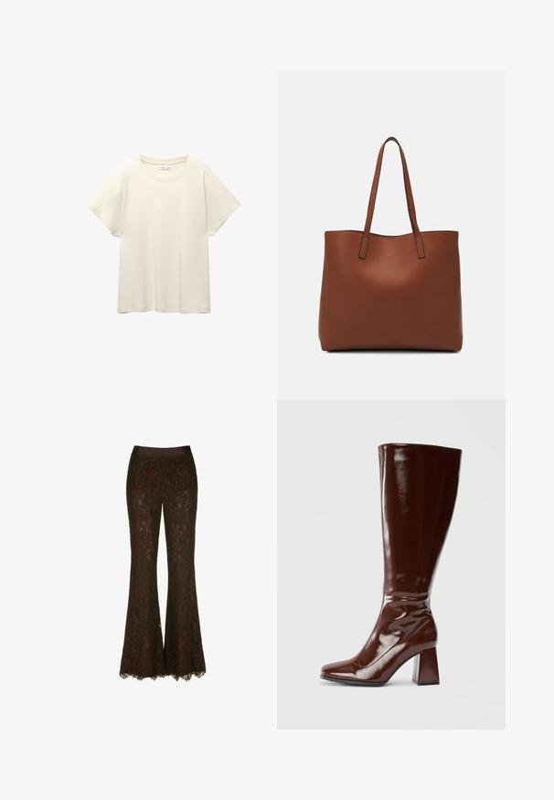 Svetle béžové tričko s krátkým rukávem a kulatým výstřihem, vyrobené z jemné, hladké tkaniny. Má uvolněný střih a rovný lem.; Krajkové zvonové kalhoty v hluboké burgundské barvě, s hladkým saténovým pasem a jemným květinovým krajkovým vzorem, s vlnitými detaily na lemu.; Hnědé lakované kozačky do výšky kotníků se čtveratou špičkou, lesklým povrchem a robustním podpatkem pro větší stabilitu. Bezšvový design bez viditelného kování.; Hnědá kožená taška přes rameno s hladkou texturou, otevřeným designem a dvěma ramenními popruhy. Obsahuje minimální švy a žádné viditelné kovové prvky.