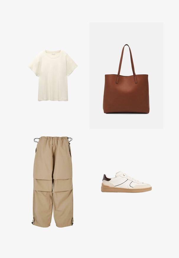 Svetlo bež kratkosleeven majica s okroglim ovratnikom, izdelana iz mehke, gladke tkanine. Ima sproščen kroj in raven rob.; Bež cargo hlače z elastičnim pasom, plastično zasnovo in stranskimi žepi. Imajo nastavljive manšete z zatezniki za prilagodljiv fit.; Stradivarius Športni copati - white; Rjava usnjena torba z gladko teksturo, odprto zasnovo zgoraj in dvema naramnima trakovoma. Opremljena je z minimalnim šivanjem in brez vidnih kovinskih delov.