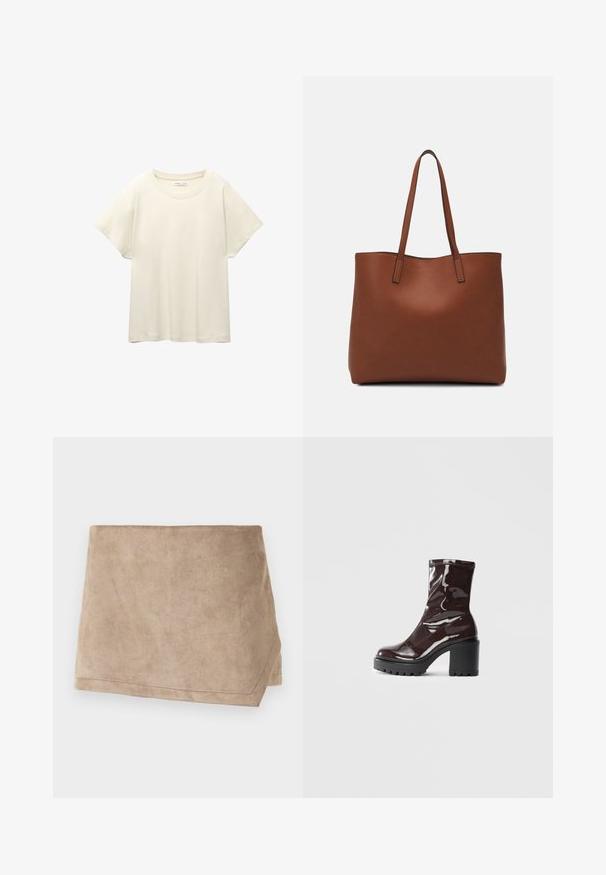 Svetle béžové tričko s krátkým rukávem a kulatým výstřihem, vyrobené z jemné, hladké tkaniny. Má uvolněný střih a rovný lem.; Béžový umělý zamší obal s hladkou texturou, se šikmým střihem a prošitým lemem, vhodný pro vrstvení nebo jako akcentní kousek.; Lesklá bordó kotníková bota s masivním černým podpatkem, se hladkým povrchem a jednoduchým designem. Žádné viditelné zapínání ani vzory.; Hnědá kožená taška přes rameno s hladkou texturou, otevřeným designem a dvěma ramenními popruhy. Obsahuje minimální švy a žádné viditelné kovové prvky.