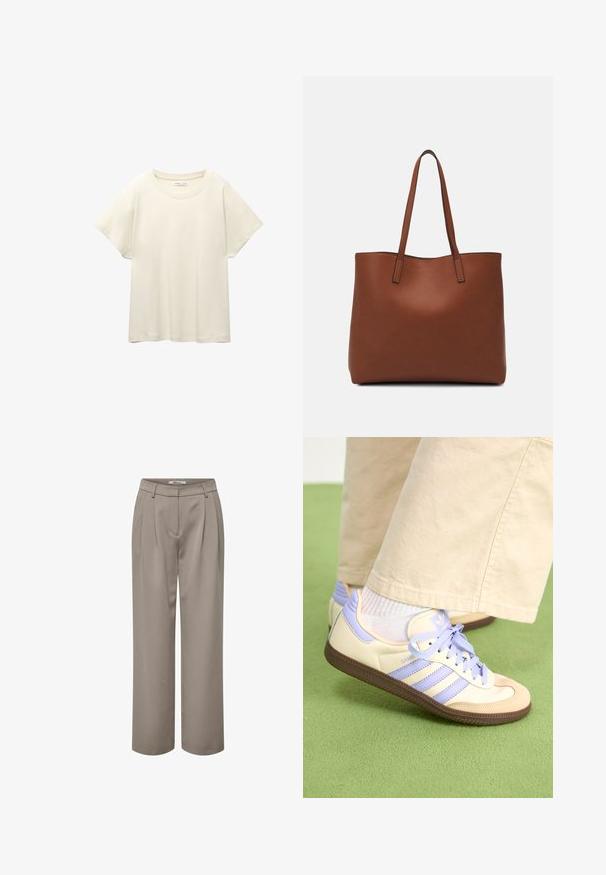 Ljus beige kortärmad t-shirt med rund halsringning, tillverkad av mjuk, slät tyg. Har en avslappnad passform och rak nederkant.; Ljusbruna vida byxor med veck, en slät yta och en ren midjedesign. Enkla och mångsidiga för olika outfits.; Krämfärgade och lavendelfärgade sneakers med tre ränder och en texturerad brun sula, med snören och en vadderad häl. Mjuk tygobero.; Brun läder tote-väska med en slät textur, öppen toppdesign och två axelremmar. Har minimal söm och ingen synlig metalldetalj.