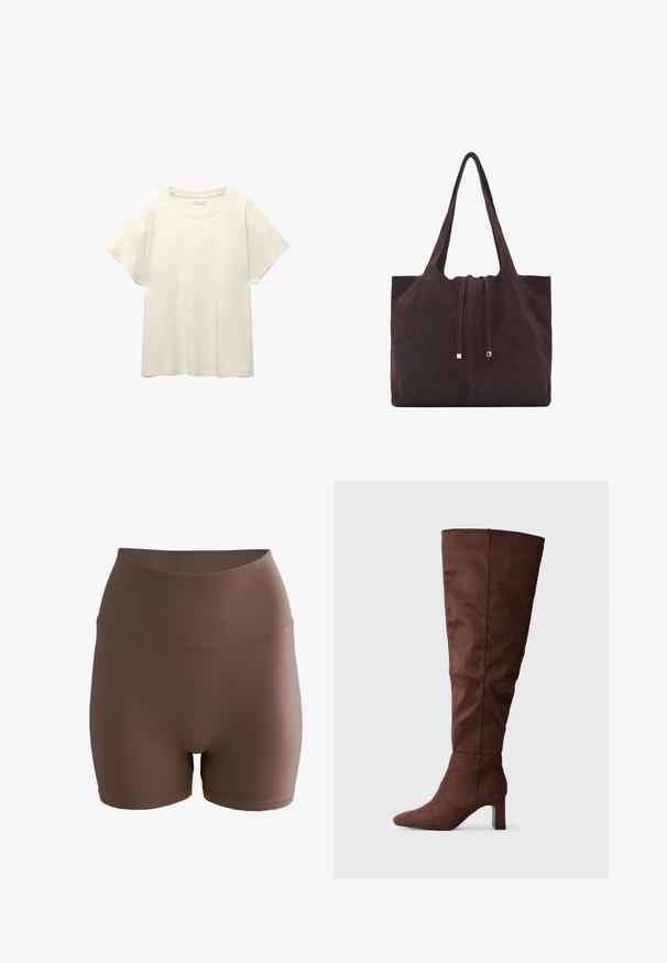 Helles beige T-Shirt mit kurzen Ärmeln und Rundhalsausschnitt, aus weichem, glattem Stoff gefertigt. Verfügt über eine lockere Passform und einen geraden Saum.; aim’n® SHAPE SEAMLESS - Shorts - brown; Braune kniehohe Stiefel aus weichem Wildleder-ähnlichem Material. Verfügt über eine spitze Zehenform und einen gestapelten Absatz für Stabilität. Glatte, matte Oberfläche.; Mango Shopping Bag - dark brown