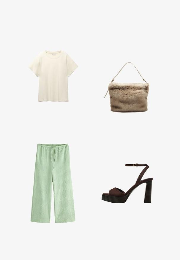 Helles beige T-Shirt mit kurzen Ärmeln und Rundhalsausschnitt, aus weichem, glattem Stoff gefertigt. Verfügt über eine lockere Passform und einen geraden Saum.; Next TEXTURED STRIPE WIDE LEG PETITE - Stoffhose - green; Braune Wildleder-Pumps mit offenem Zeh, verstellbarem Knöchelriemen und gestreiftem Plateausohlen.; Faux-Fur-Handtasche in hellbeige mit einer weichen, strukturierten Oberfläche. Sie verfügt über einen einzelnen dünnen Träger und hat eine rechteckige Form mit einem flauschigen oberen Rand.