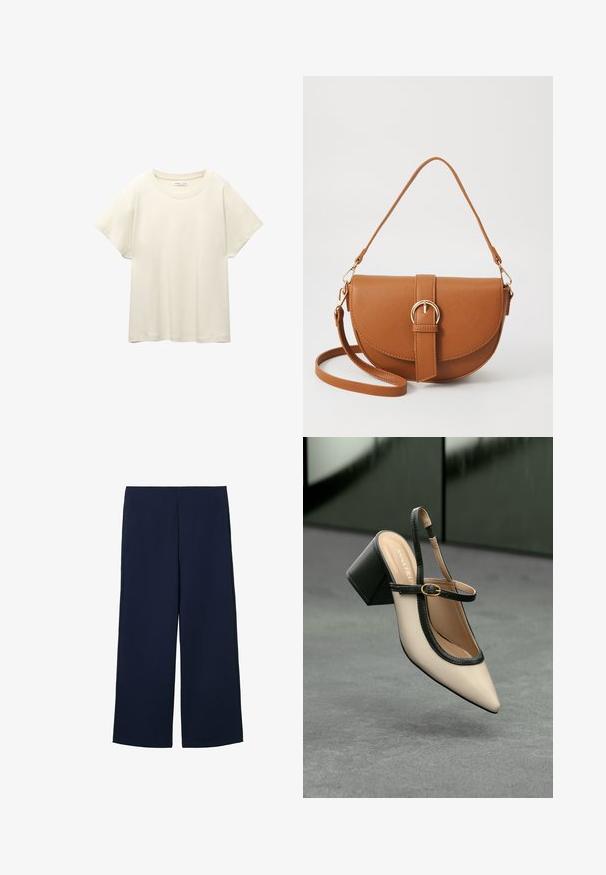 Vaaleanbeige lyhythihainen t-paita, jossa on pyöreä kaula-aukko, valmistettu pehmeästä ja sileästä kankaasta. Ominaisuuksina rento mitta ja suora helma.; Laivastonsiniset väljät housut kevyestä materiaalista, joissa on puhdas muotoilu ja suora leikkaus, sivutaskut sekä ei näkyviä kiinnityksiä.; Beige slingback-kengät, joissa on musta reuna, kultahakas, ja paksu lohkoheel, harmaalla lattialla tummanvihreää taustaa vasten.; Ruskean nahkainen olkalaukku, jossa on kaareva muoto, kultaiset yksityiskohdat ja solkiyksityiskohta. Varustettu irrotettavalla olkahihnalla.