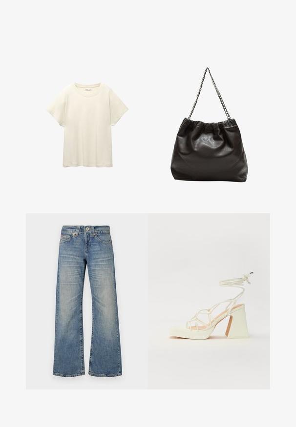 Svijetlo bež majica kratkih rukava s okruglim izrezom, izrađena od meke, glatke tkanine. Karakterizira je opušteni kroj i ravni rub.; Svijetloplavi zvonasti traperice s srednjim strukom, izblijedjelom teksturom, pet džepova i mjedenim details. Ima diskretne detalje šavova.; Bijela sandala na visokoj potpetici s debelim petom, s remenom i vezanjem oko gležnja. Glatka tekstura s platformom sprijeda za dodatnu visinu.; Smeđa kožna torba s naboranim vrhom i lančićem za nošenje. Glatka tekstura s sjajnim završetkom i suptilnim šavnim detaljima sa strane.