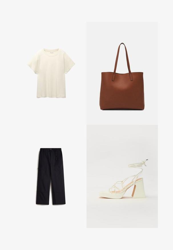 Vaaleanbeige lyhythihainen t-paita, jossa on pyöreä kaula-aukko, valmistettu pehmeästä ja sileästä kankaasta. Ominaisuuksina rento mitta ja suora helma.; Mustat cargo-housut, joissa on joustava vyötärönauha, säädettävä vyö ja kaksi sivutaskua. Valmistettu kevyestä, teksturoidusta kankaasta.; Valkoinen korkokenkä, jossa on paksu korko, ja joka sisältää nauhakiinnityksen ja nilkkaketjun. Sujuva pinta, jossa on platform-etupohja lisäkorkeutta varten.; Ruskea nahkainen olkalaukku, jossa on sileä pinta, avoin yläosa ja kaksi olkahihnaa. Omaavat vain minimaalisen ompelun eikä näkyvää metalliosaa.