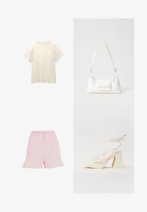 Lichtbeige t-shirt met korte mouwen en een ronde halslijn, gemaakt van zachte, gladde stof. Heeft een ontspannen pasvorm en een rechte zoom.; Lichtroze shorts van textuurstof, met een elastische tailleband en een trekkoord, en een ontspannen, uitlopende silhouette.; Witte hoge hakken sandaal met een chunky hak, met een bandjesontwerp en enkelband. Gladde textuur met een plateau voor extra hoogte.; Witte synthetische handtas met een driehoekige vorm, platte voorklep en strikdetail, verstelbare schouderriem, gladde textuur en minimalistisch ontwerp.