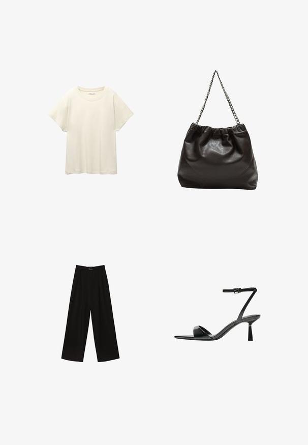 Svetlo béžové tričko s krátkym rukávom a okrúhlym výstrihom, vyrobené z jemnej, hladkej tkaniny. Má voľný strih a rovný lem.; Čierne široké nohavice s vysokým pásom, vybavené pásom v páse a sklady pre textúru. Vyrobené z hladkej, ľahkej látky.; Bershka Sandále na vysokom opätku - black; Hnedá kožená taška so zberaným vrchom a reťazovým popruhom. Hladký povrch s lesklým finišom a jemným švom po stranách.