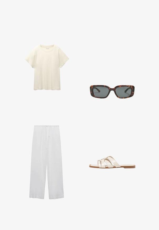 Lichtbeige t-shirt met korte mouwen en een ronde halslijn, gemaakt van zachte, gladde stof. Heeft een ontspannen pasvorm en een rechte zoom.; Witte wijde broek van lichtgewicht stof, met een elastische tailleband en een trekkoord voor een verstelbare pasvorm.; Vlakke sandalen met een tan rubberen zool, ontworpen met drie overlappende witte leren banden en een kleine strikdetail in het midden.; Schildpad zonnebril met rechthoekige glazen, dikke monturen en donkere glazen. Glad oppervlak en minimalistisch ontwerp.