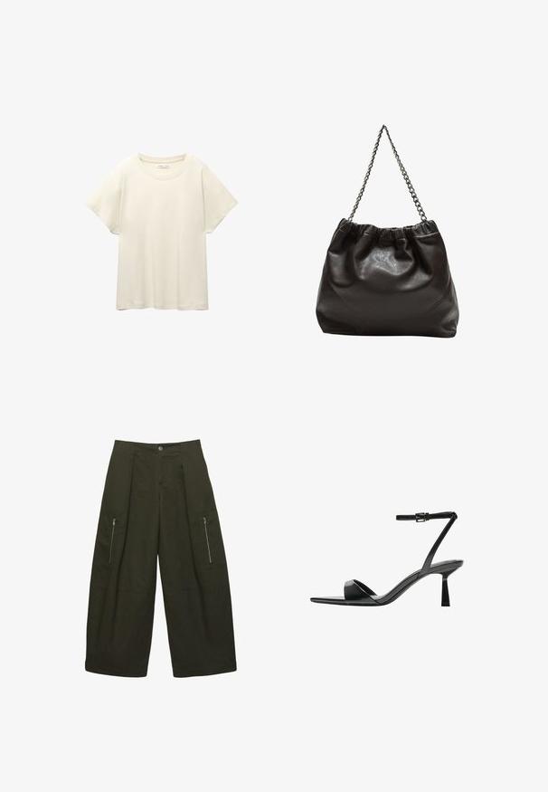 Maglietta a maniche corte beige chiaro con scollatura rotonda, realizzata in un tessuto morbido e liscio. Presenta una vestibilità comoda e un orlo dritto.; Pantaloni cargo a gamba larga in tessuto verde scuro, dotati di due tasche laterali con zip, design frontale plissettato e dettagli cuciti all'orlo.; Bershka Sandali con tacco - black; Borsa in pelle marrone con parte superiore arricciata e tracolla a catena. Texture liscia con finitura lucida e dettagli di cucitura sottili sui lati.