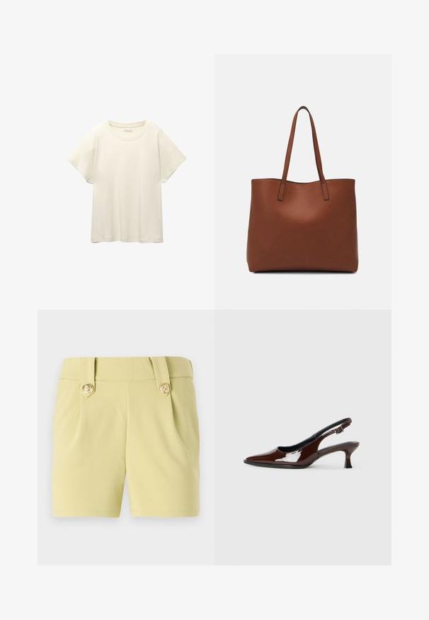 Light beige short-sleeve t-shirt with a round neckline, made of soft, smooth fabric. Features a relaxed fit and straight hemline.; Light yellow shorts with a smooth fabric, featuring two front pleats and gold decorative buttons on the waistband. Tailored design.; Brown patent leather slingback shoe with a pointed toe and a moderate heel. Features a buckle strap for secure fit. Smooth texture.; Brown leather tote bag with a smooth texture, open top design, and two shoulder straps. Features minimal stitching and no visible hardware.