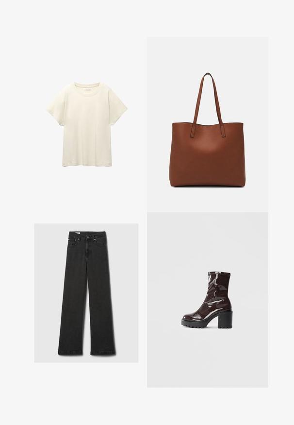 Svijetlo bež majica kratkih rukava s okruglim izrezom, izrađena od meke, glatke tkanine. Karakterizira je opušteni kroj i ravni rub.; Crne traperice visoki struk ravnih nogavica s pet džepova i bakrenim zakovicama, položene ravno na svijetlosivoj pozadini.; Sjajna burgundska čizma do gležnja s debelim crnim potplatom, koja se odlikuje glatkom teksturom i jednostavnim dizajnom. Nema vidljivih kopčanja ili uzoraka.; Smeđa kožna torba preko ramena s glatkom teksturom, otvorenim vrhom i dvjema naramenicama. Ima minimalne šavove i nema vidljivog hardvera.