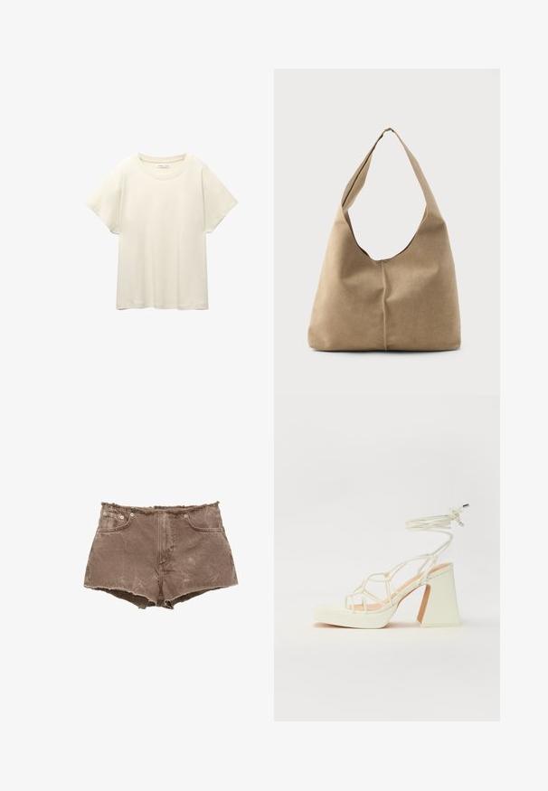 T-shirt beige clair à manches courtes avec un col rond, fabriqué en tissu doux et lisse. Présente une coupe décontractée et un ourlet droit.; Shorts en denim marron avec ourlet effiloché, design à cinq poches et accents en métal. Le matériau semble légèrement délavé avec une surface texturée.; Sandale blanche à talons hauts avec un talon épais, présentant un design à lanières et un lien autour de la cheville. Texture lisse avec une plateforme à l'avant pour une hauteur supplémentaire.; Sac hobo en suède beige doux avec une forme décontractée, une large bandoulière et un détail de couture à la main sur le devant.