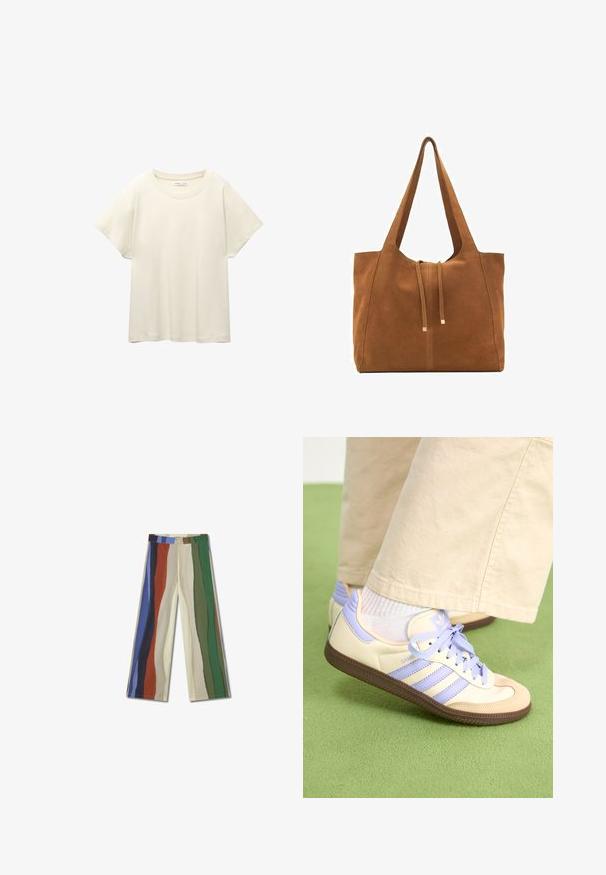 Svetle béžové tričko s krátkým rukávem a kulatým výstřihem, vyrobené z jemné, hladké tkaniny. Má uvolněný střih a rovný lem.; Kalhoty s širokými nohavicemi z bavlněné směsi s vícebarevnými vertikálními pruhy v modré, zelené, červené a krémové barvě. Mají zapínání na knoflík a nemají kapsy.; Krémové a levandulové tenisky se třemi pruhy a texturovanou hnědou podrážkou, vybavené tkaničkami a polstrovanou patou. Měkký textilní svršek.; Hnědá semišová taška s dvěma dlouhými popruhy, stahovací šňůrkou a minimalistickým designem. Hladký povrch a žádné viditelné kovové akcenty.