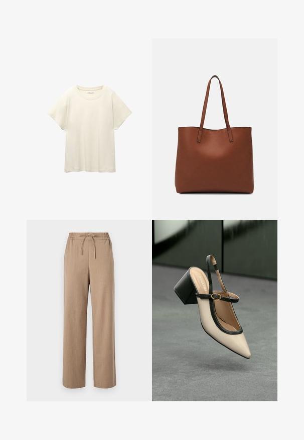 Ljus beige kortärmad t-shirt med rund halsringning, tillverkad av mjuk, slät tyg. Har en avslappnad passform och rak nederkant.; Beiga vida byxor i ett texturerat tyg, med resårmidja och knytdetalj, samt subtila vertikala ränder.; Beige spetstoppad slingback-sko med svart kant, guldspänne och en kraftig blockklack på grått golv med mörkgrön bakgrund.; Brun läder tote-väska med en slät textur, öppen toppdesign och två axelremmar. Har minimal söm och ingen synlig metalldetalj.