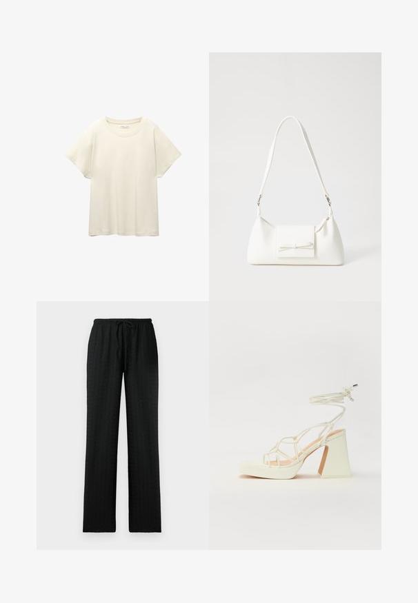 Világos bézs, rövid ujjú póló, kerek nyakkivágással, puha, sima anyagból készült. Lazán illeszkedő szabással és egyenes szegéllyel rendelkezik.; Fekete, texturált, bőszárú nadrág rugalmas derékkal és állítható húzózsinórral; a kényelmes és laza illeszkedés érdekében tervezve.; Fehér, magassarkú szandál vastag sarokkal, pántos dizájnnal és bokapánttal. Sima textúra, elülső platformmal a megnövelt magasság érdekében.; Fehér szintetikus kézitáska, háromszög alakú, lapos előlap, masni részlettel, állítható pánttal, sima textúrával és minimalista dizájnnal.