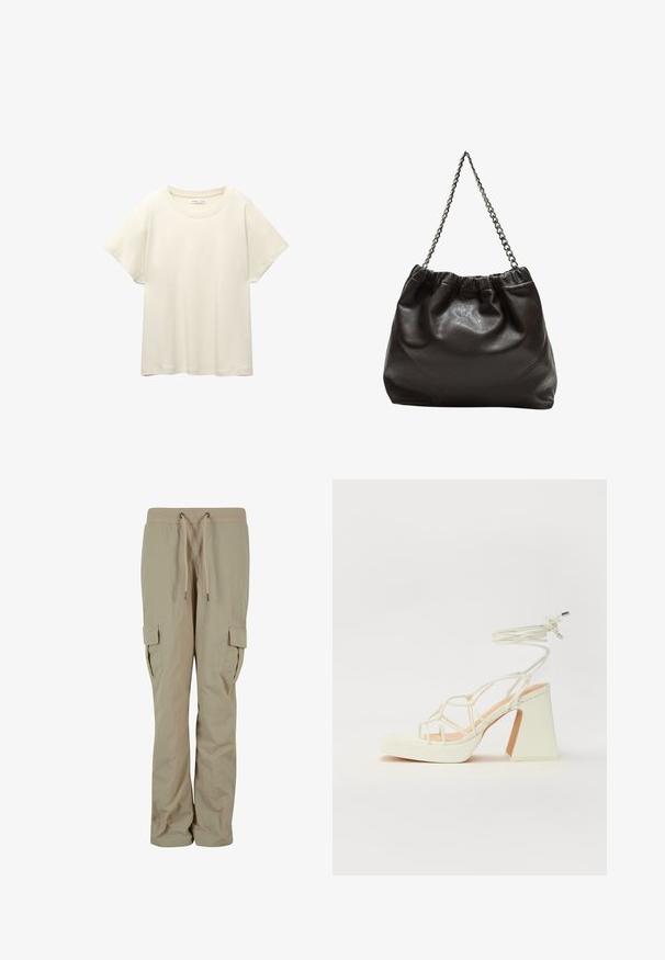 Helles beige T-Shirt mit kurzen Ärmeln und Rundhalsausschnitt, aus weichem, glattem Stoff gefertigt. Verfügt über eine lockere Passform und einen geraden Saum.; Beige Cargo-Hosen aus leichtem Stoff, mit einem Kordelzugbund, seitlichen Taschen und einer lockeren Passform für Komfort.; Weiße High-Heel-Sandale mit einem klobigen Absatz, die über ein Riemchendesign und ein Knöchelband verfügt. Glatte Textur mit einer Plattform vorne für zusätzliche Höhe.; Braune Lederhandtasche mit gerafftem Oberteil und Kettenriemen. Glatte Textur mit glänzendem Finish und subtilen Nahtdetails an den Seiten.