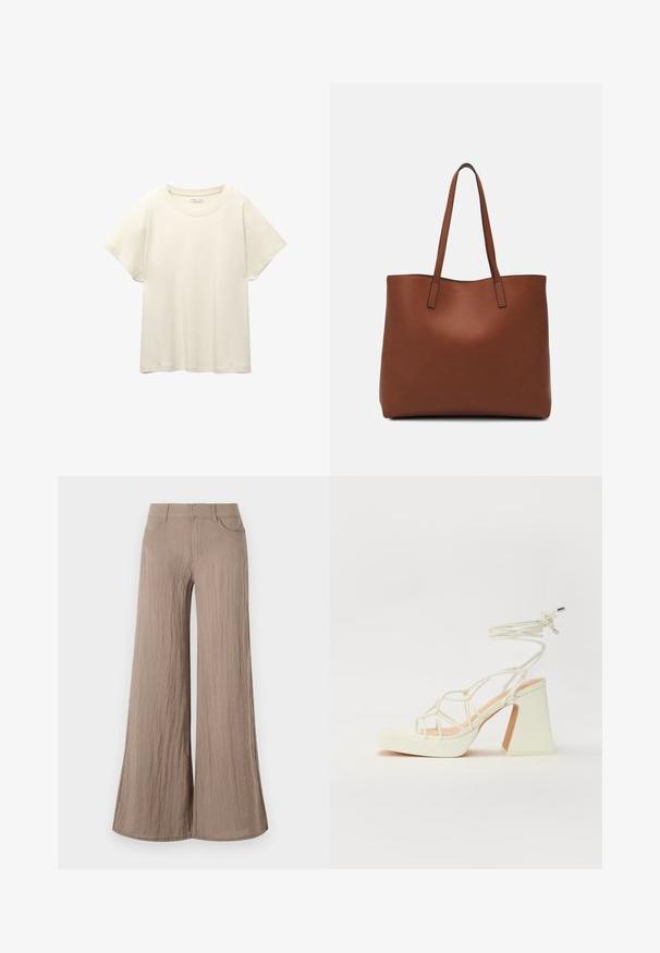 Svetlo bež kratkosleeven majica s okroglim ovratnikom, izdelana iz mehke, gladke tkanine. Ima sproščen kroj in raven rob.; Svjetlosmeđi široki hlače s teksturiranim finišem, sa visokim strukom, prednjim džepovima i lepršavom, slobodnom siluetom.; Bela sandala na visokih petah s debelim petam, ki ima obliko trakcev in vezanje okoli gležnja. Gladka tekstura z platformo spredaj za dodatno višino.; Rjava usnjena torba z gladko teksturo, odprto zasnovo zgoraj in dvema naramnima trakovoma. Opremljena je z minimalnim šivanjem in brez vidnih kovinskih delov.