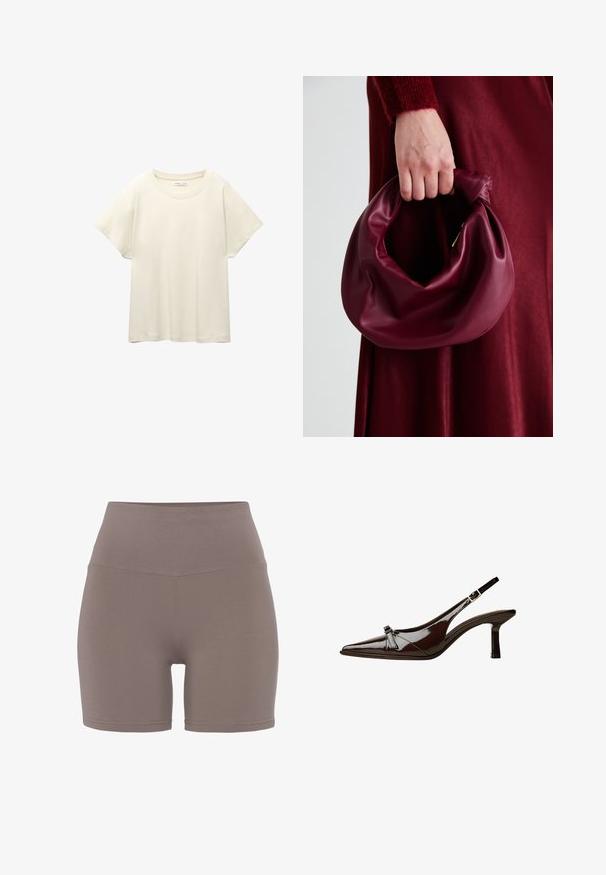 Svetlo bež kratkosleeven majica s okroglim ovratnikom, izdelana iz mehke, gladke tkanine. Ima sproščen kroj in raven rob.; Visoko pasovi šorts v zatemnjeni taupe barvi, izdelani iz gladkega, elastičnega materiala. Imajo brezšivno zasnovo in oprijet silhueto.; Rjave lakirane slingback čevlje z oglatim nosom, nizko peto in dekorativno pentljo na sprednji strani. Gladka, sijoča tekstura.; Bordo usnjeni ročni torbici s mehak, nabrana zasnova in okrogla oblika. Ročaj je varen in prikazuje gladko teksturo.