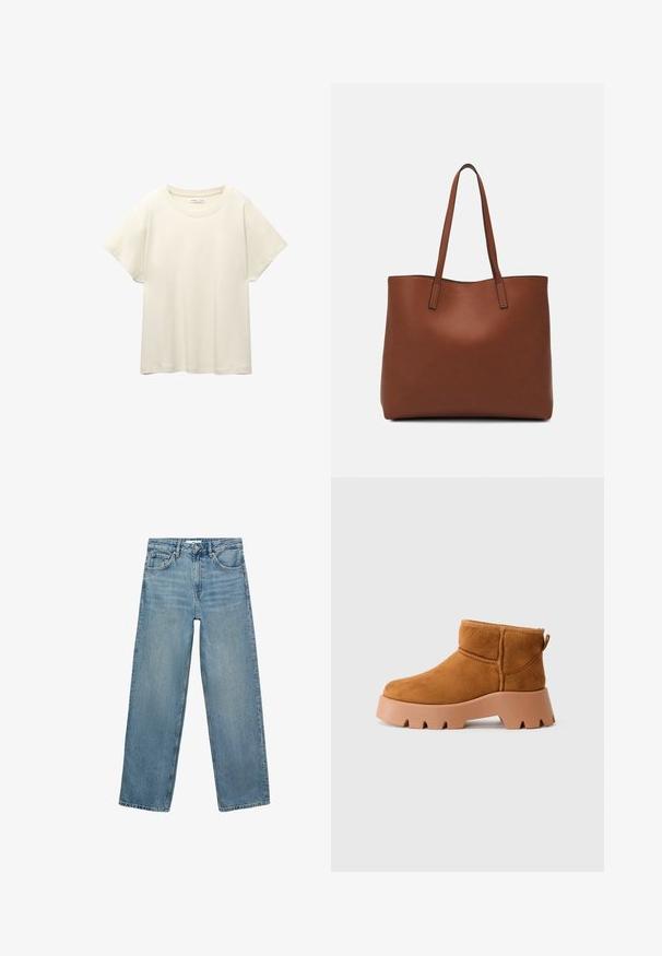 Tricou scurt de culoare bej deschis, cu mâneci scurte și decolteu rotund, realizat dintr-un material moale și neted. Are o croială lejeră și un tiv drept.; Jeans din denim de un albastru deschis, cu un design drept al piciorului, talie înaltă, cinci buzunare și cusături contrastante. Fără embellishments sau modele prezente.; Botine din suede bej cu vârful rotunjit, o talpă texturată de culoare maron, și un tab de prindere. Prezintă o cusătură și un design chunky al platformei.; Geantă de umăr din piele maro cu o textură netedă, design cu vârf deschis și două curele pentru umăr. Prezintă cusături minime și fără componente metalice vizibile.