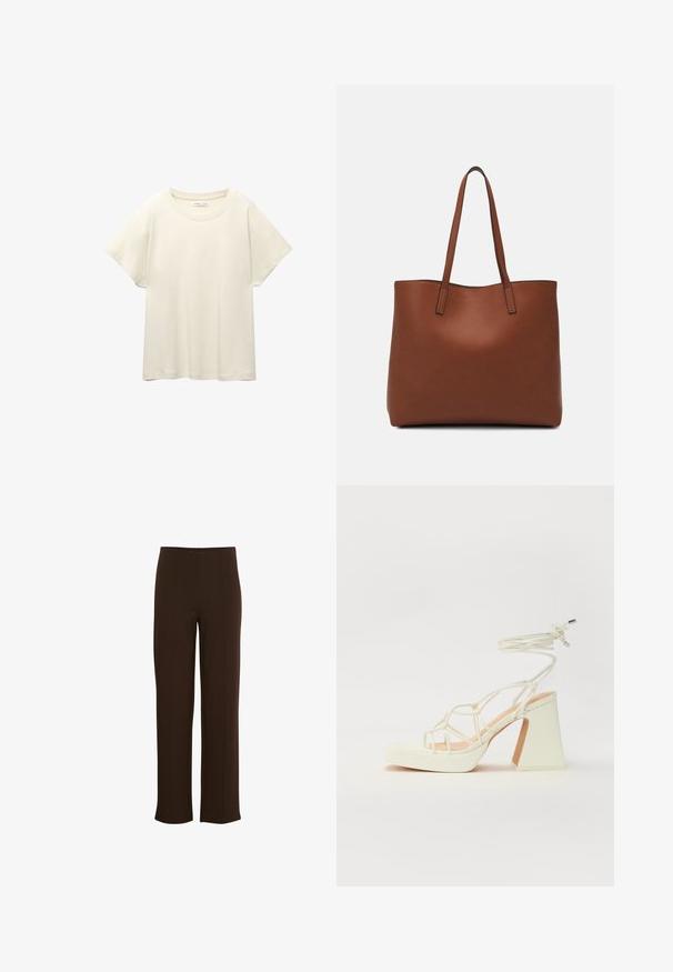 Lys beige kortærmet t-shirt med rund halsudskæring, lavet af blødt, glat stof. Har en afslappet pasform og lige forneden.; Brune, vide benbukser lavet af et blødt, strækbart materiale. Har vertikale sømme og en ren talje, der giver et skræddersyet udseende.; Hvide højhælede sandaler med en kraftig hæl, der har et stropdesign og ankelbinding. Glat tekstur med en platform foran for ekstra højde.; Brun læder tote taske med en glat overflade, åben topdesign og to skulderremme. Har minimal syning og ingen synlig hardware.
